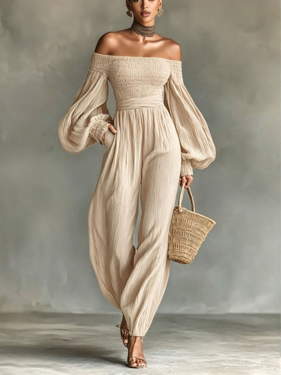Off-shoulder Long-sleeved Pleated Fabric Jumpsuit In Solid Color