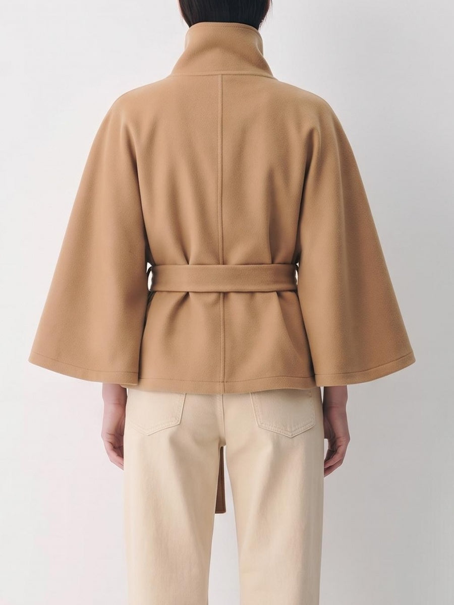 Stand Collar Large Sleeves Buttons Straps Solid Color Coats