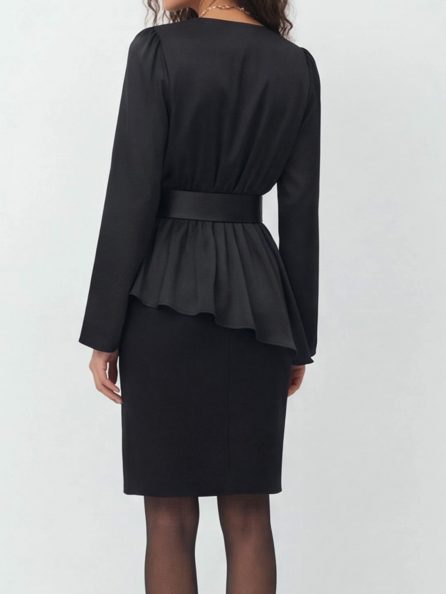 V-neck Long Sleeves Belts Solid Color Shirts