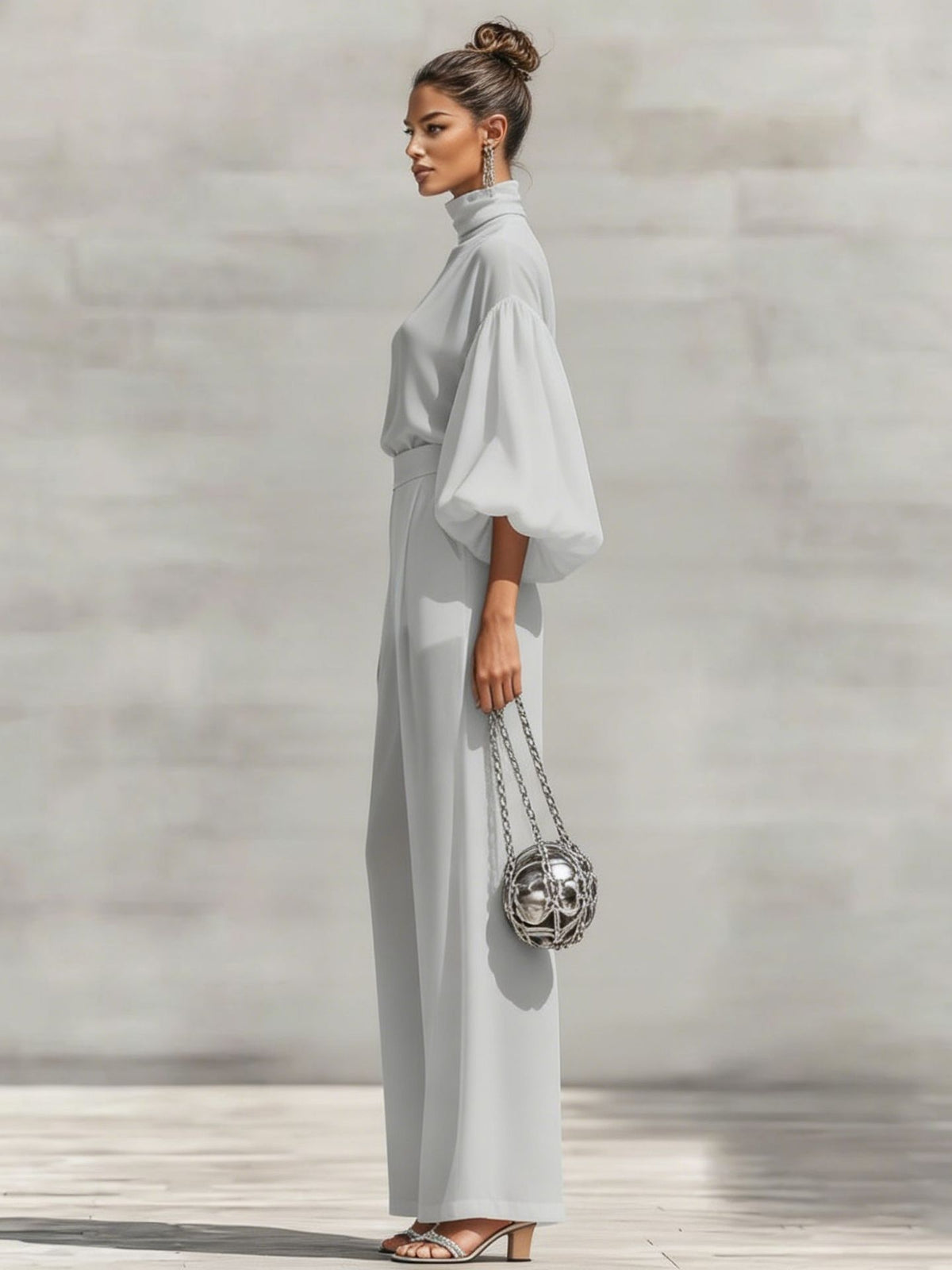 Chiffon Stand-up Collar Puff Sleeve High-waisted Draped Wide-leg Pants Two-piece Set