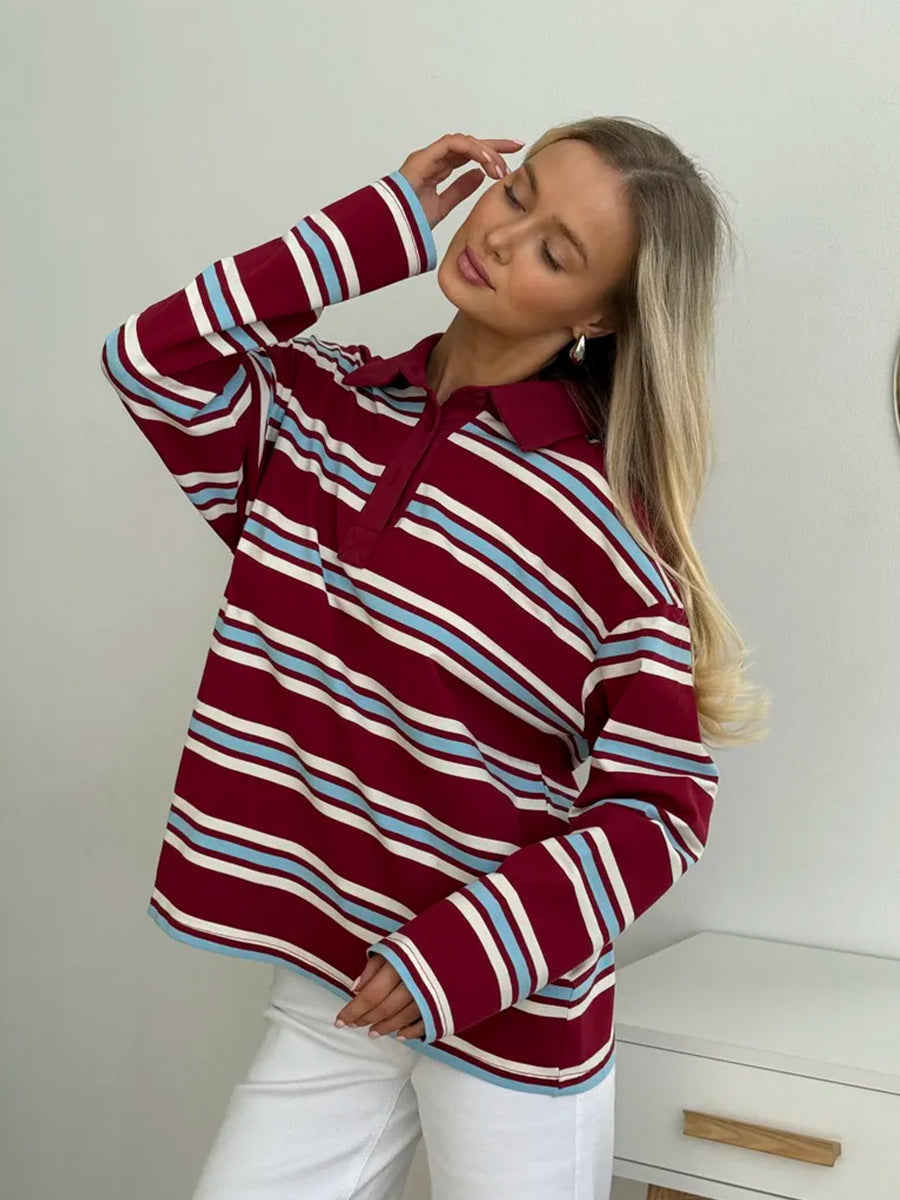 Long-sleeved Striped T-shirt, Polo Collar, Loose-fitting T-shirt