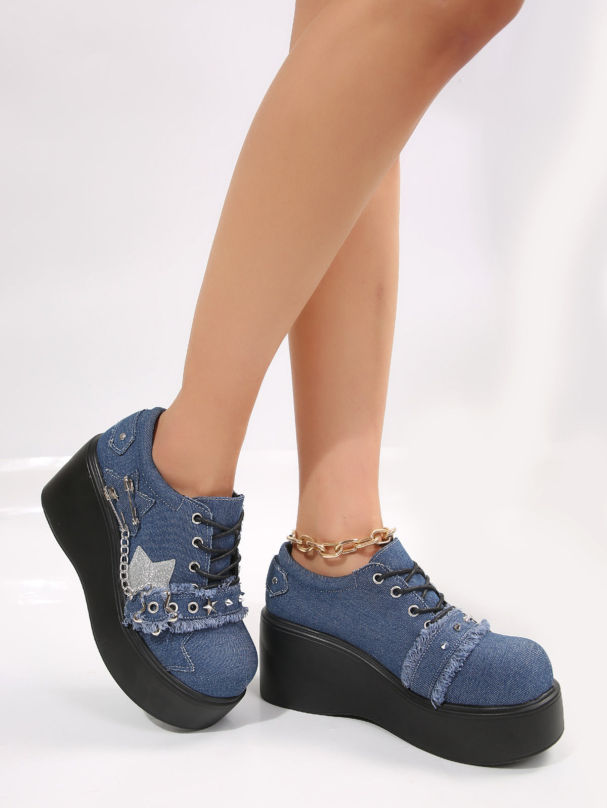 Denim Studded Wedge Platform Shoes