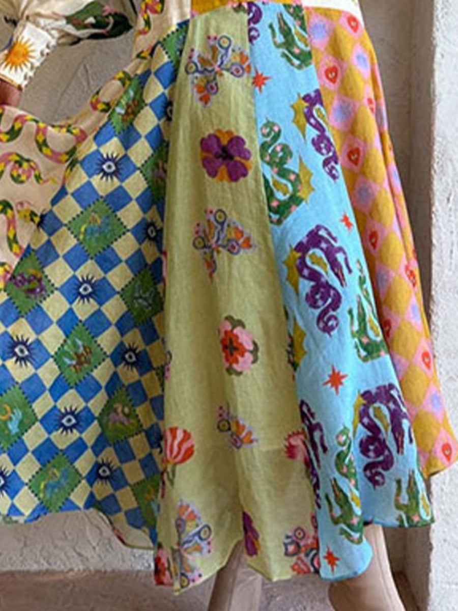 Botanical Floral Prints Balloon Sleeve Lapel Waist Long Sleeve Maxi Dresses