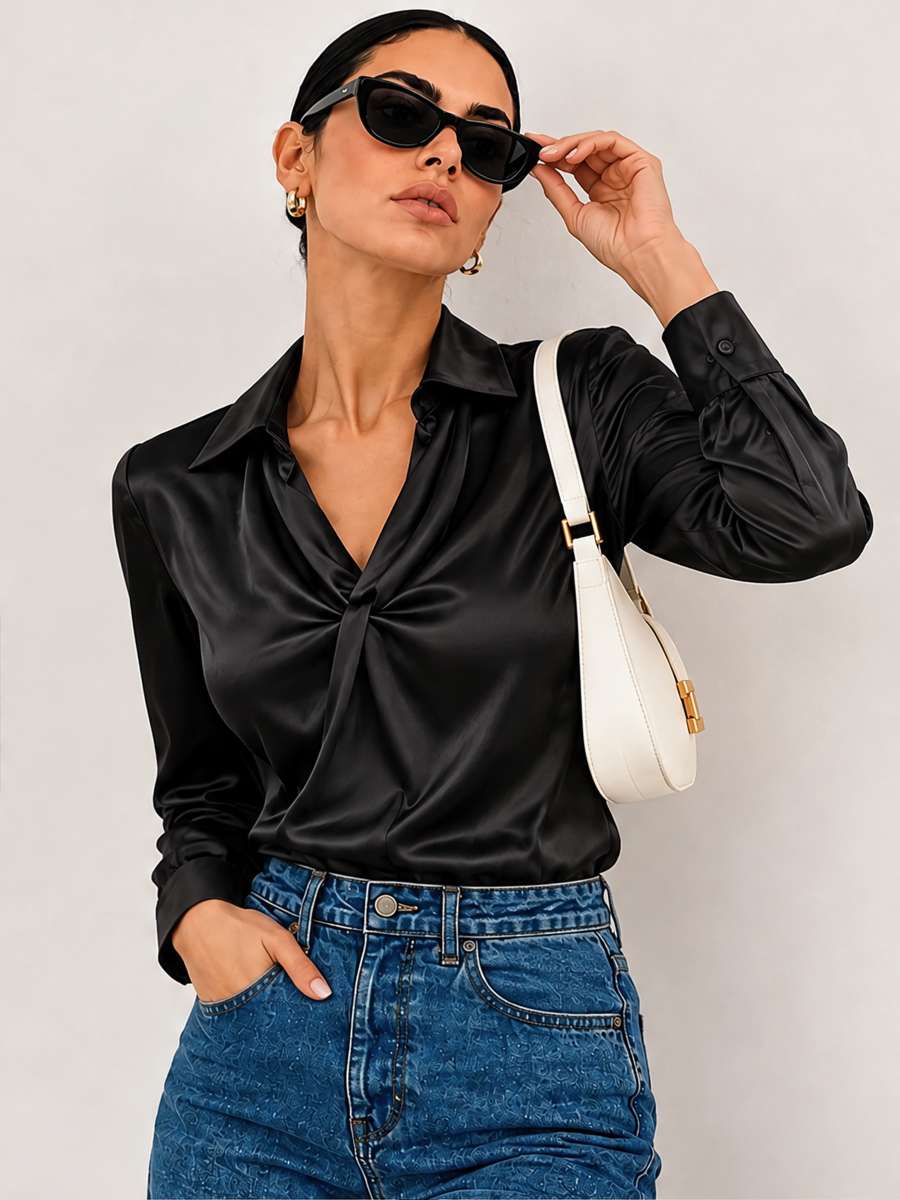 Solid Color Satin Pleated Long Sleeve Blouse&Shirts