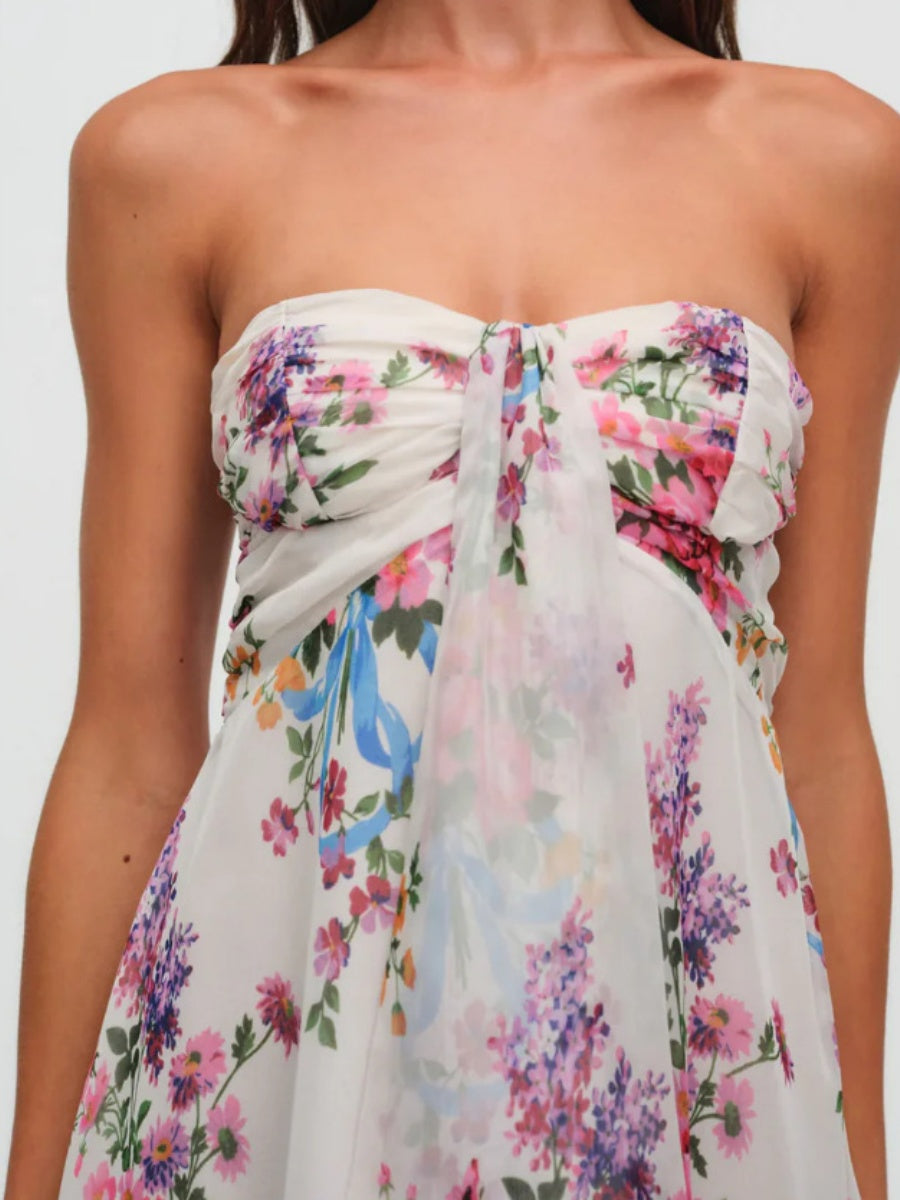 Backless Semi-transparent Floral Strapless A-line Mini Dress