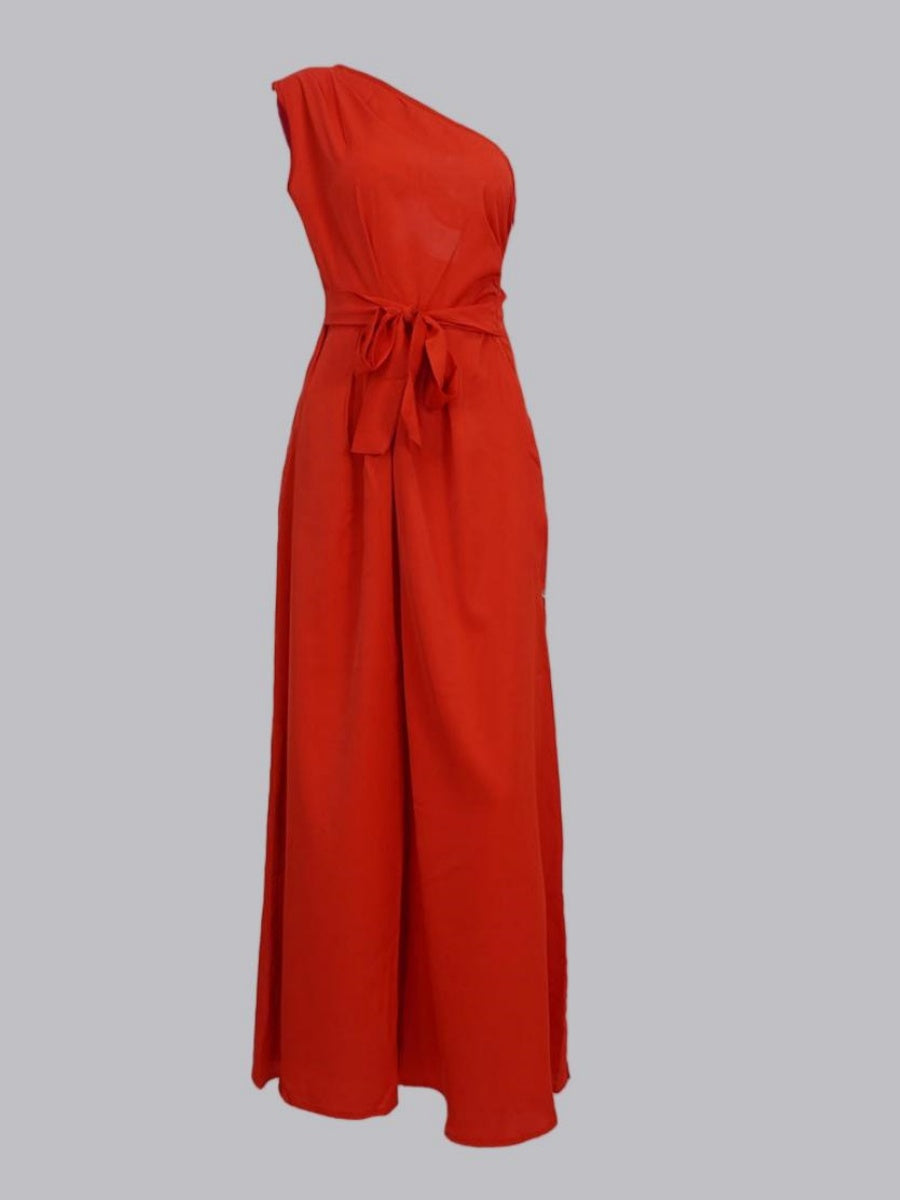 One Shoulder High Waist Lace Up Wide Leg Jumpsuits