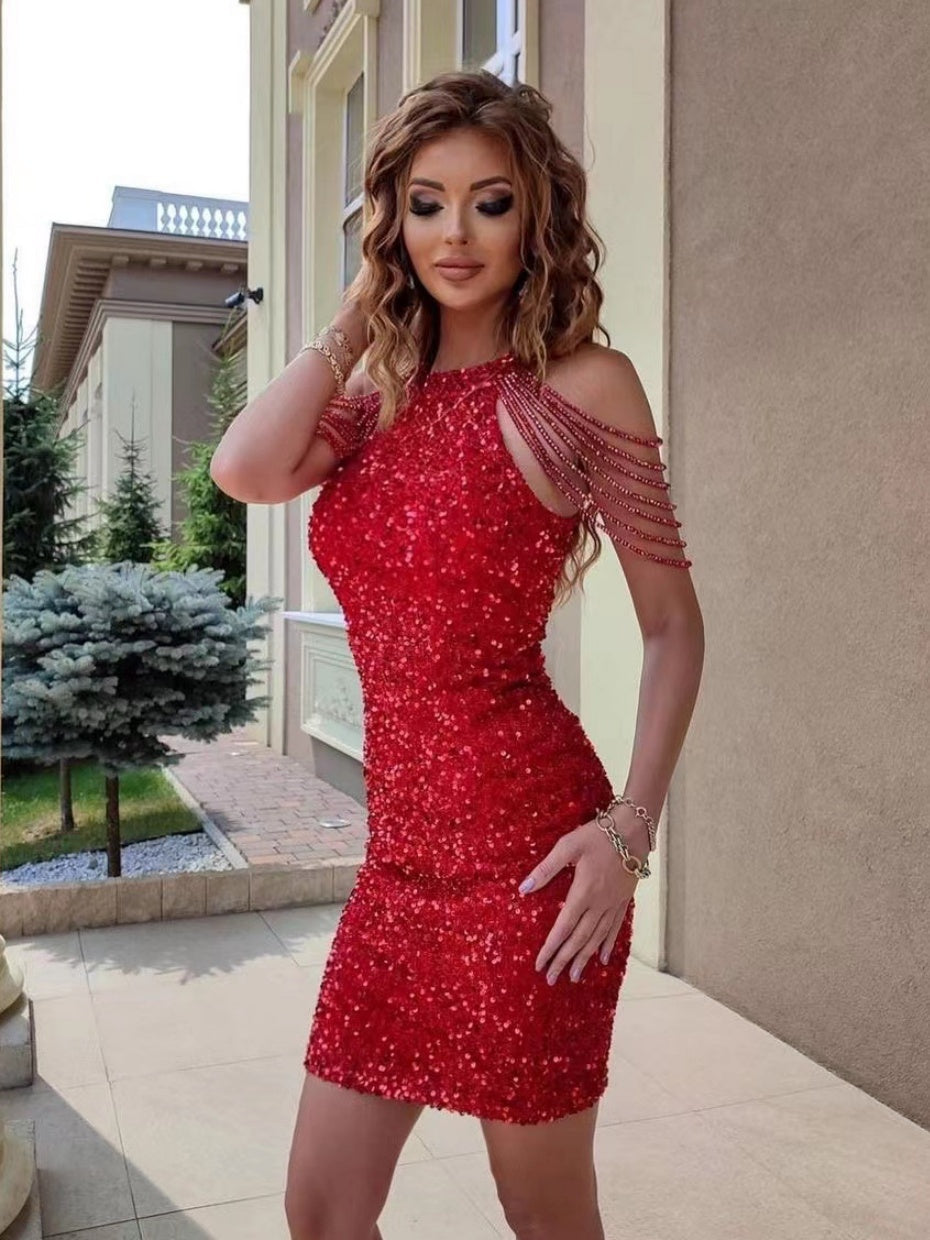 Halter Neck, Off-shoulder, Tassel, Bodycon, Crystal-trimmed Sequined Short Dress