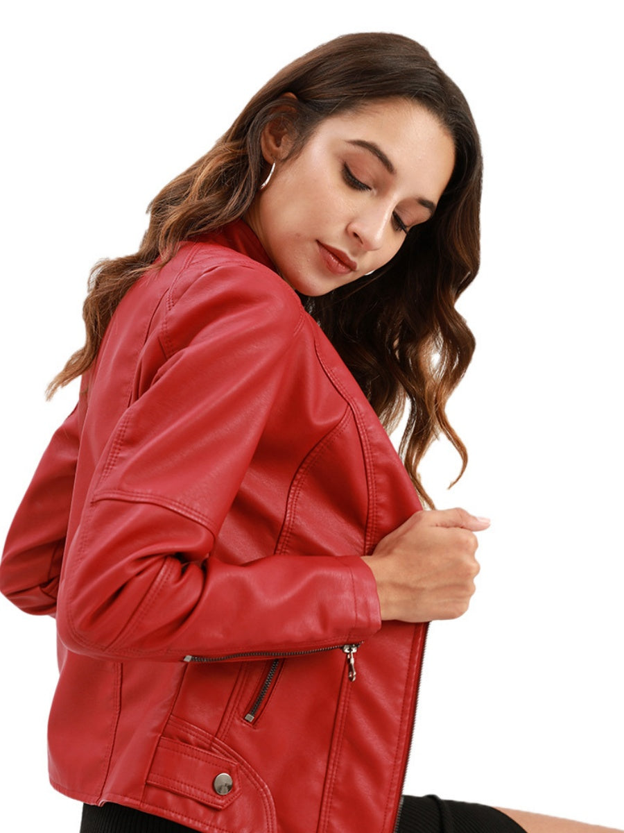 Veste en cuir à col montant et fermeture éclair, style urbain décontracté