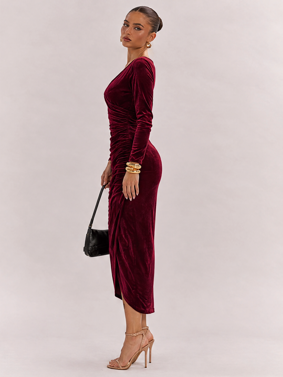 Goose Down V-neck Dress, Slim Fit, Pleated Patchwork, Irregular Skirt, Elegant Long Dress