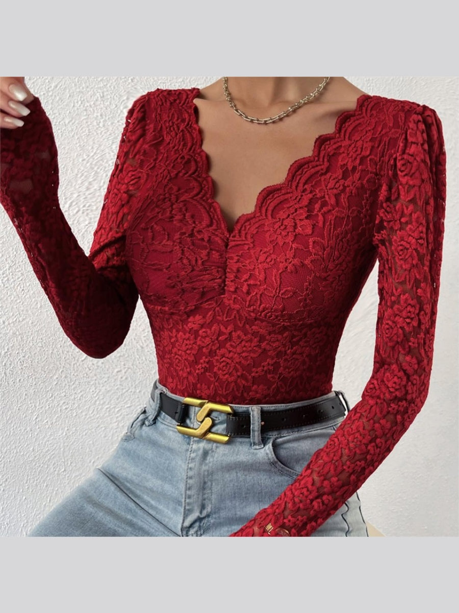 Lace Long Sleeve Perspective Slim Fit Bodysuit