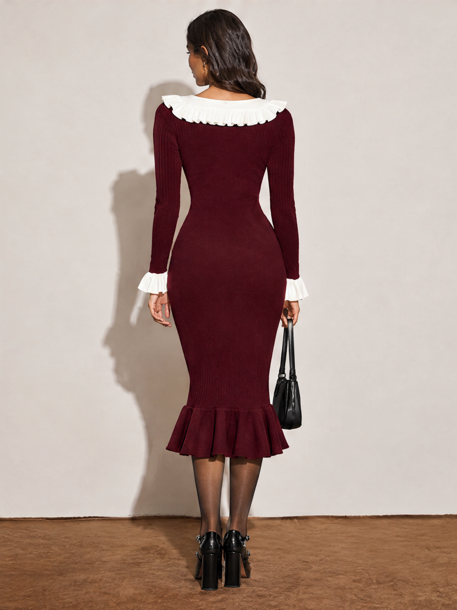 French-style Ruffled Knit Sweater Dress