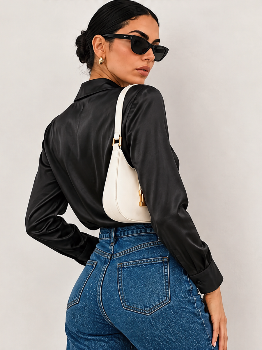 Solid Color Satin Pleated Long Sleeve Blouse&Shirts