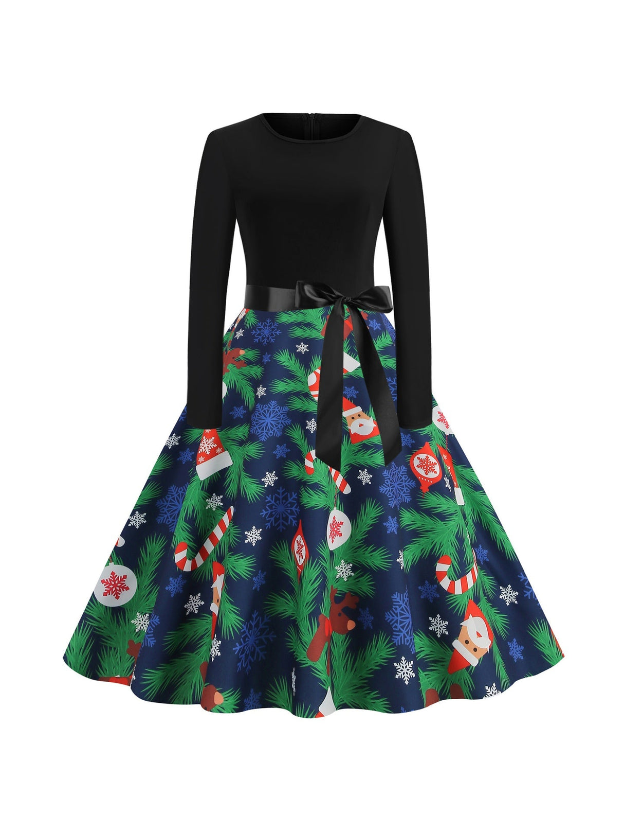 Christmas Crew Neck Splicing Long Sleeve Midi Dresses