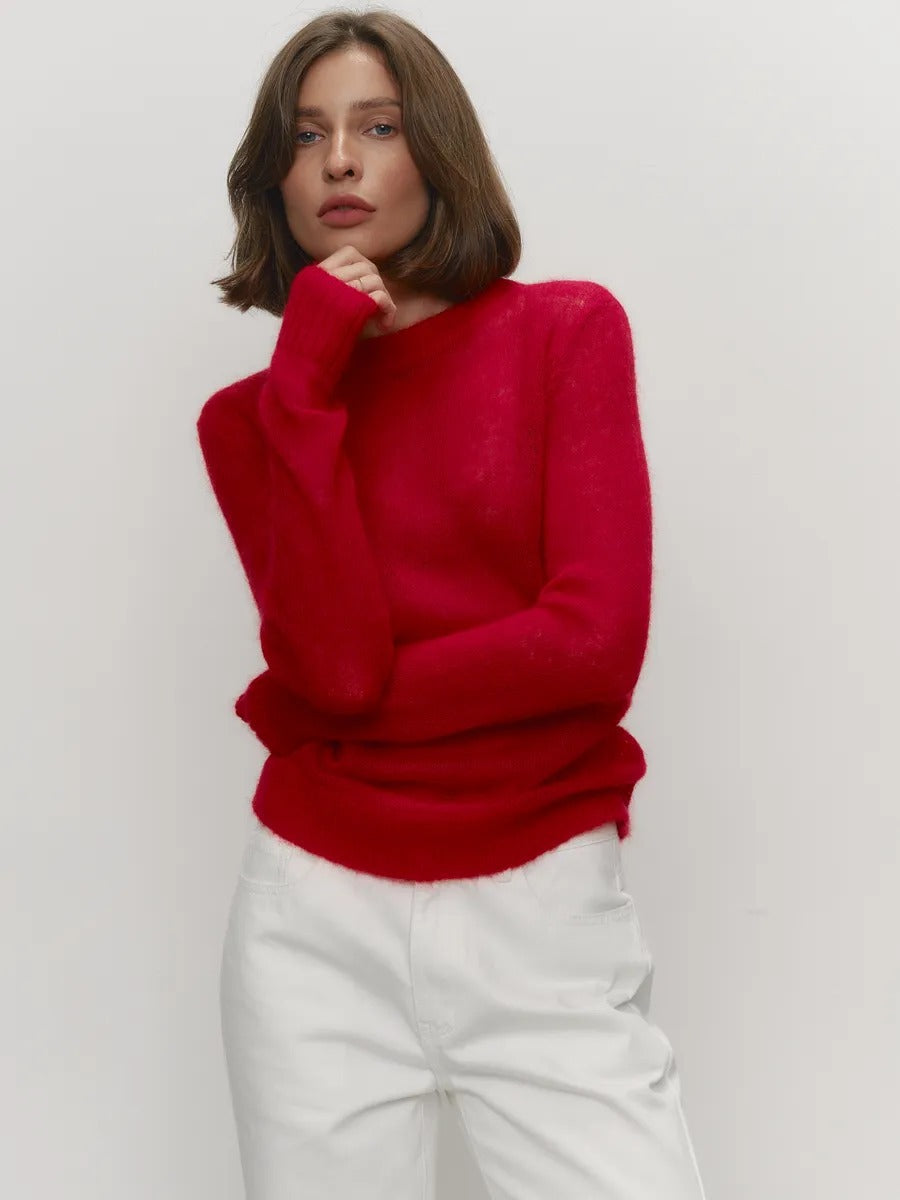 Mohair Crew Neck Pullover Sweater, Semi-sheer Base Layer Sweater
