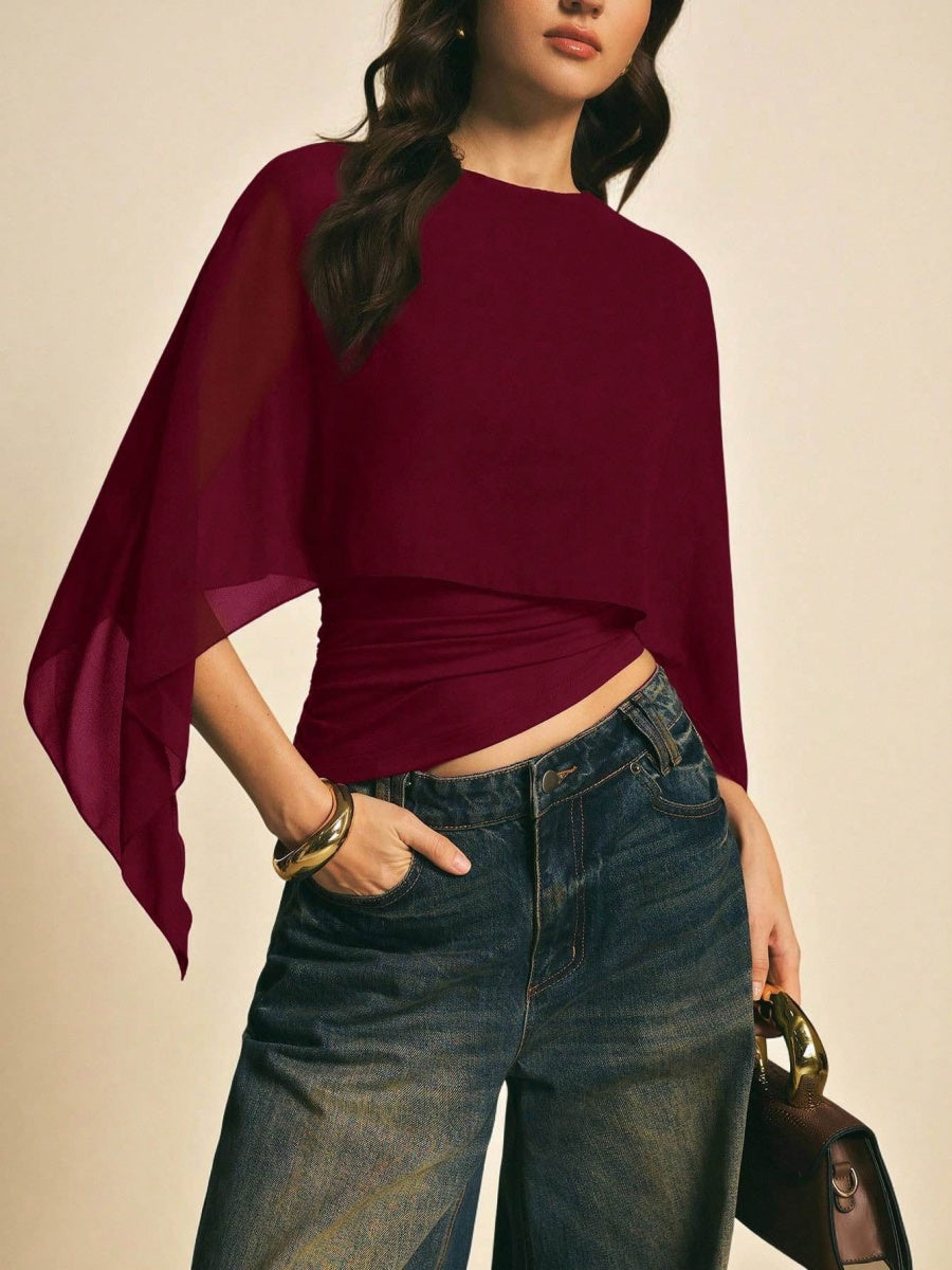 Cape-sleeve T-shirt, Round Neck, Loose Chiffon Cover-up, Elegant Irregular Top/T-shirt