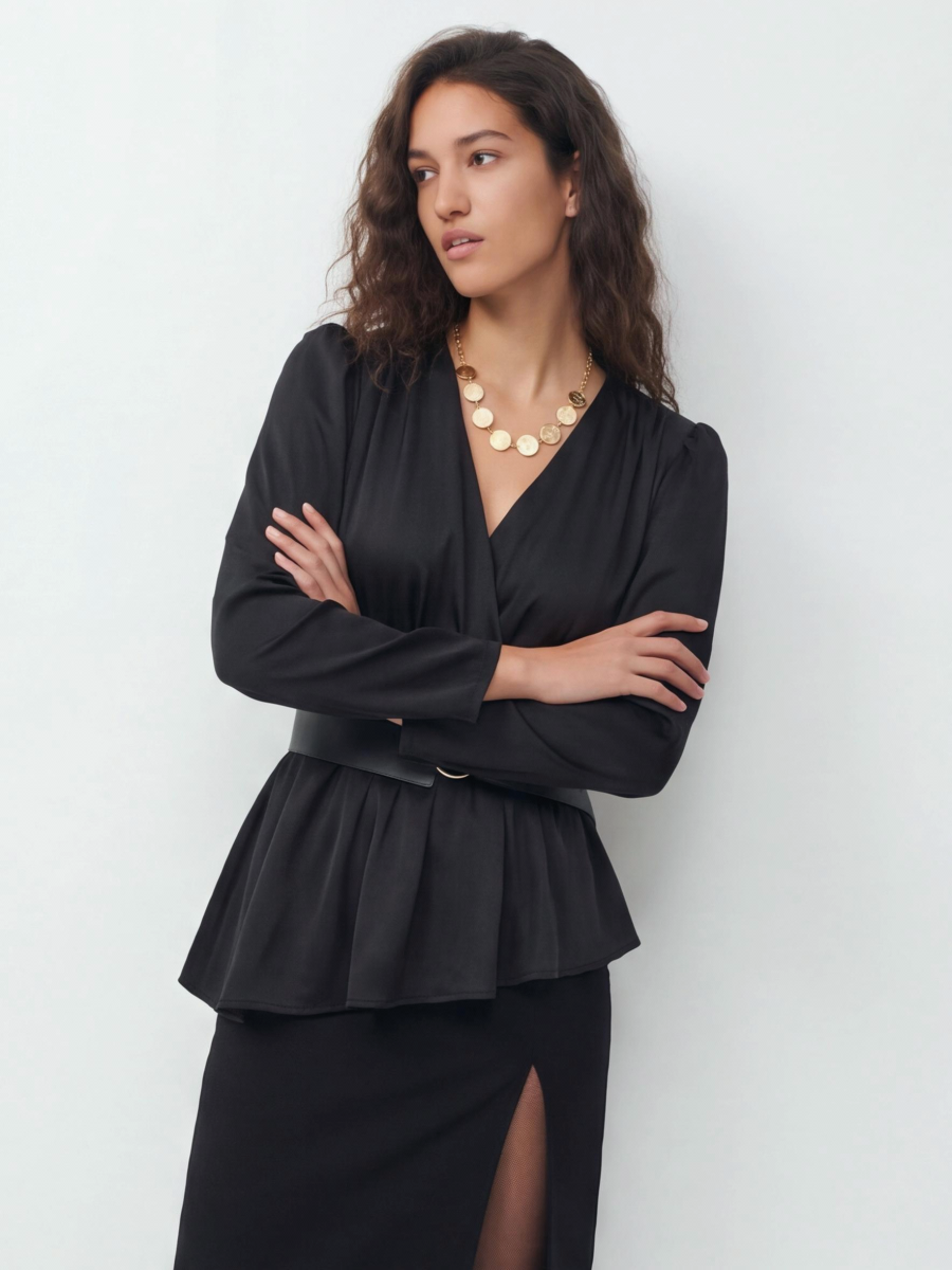 V-neck Long Sleeves Belts Solid Color Shirts