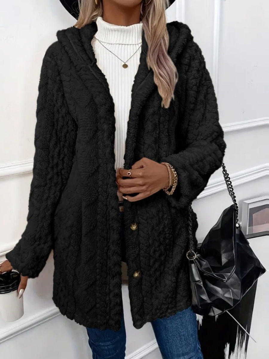 Hooded Solid Color Cardigan Button Long Sleeve Casual 3D Pattern Jackets