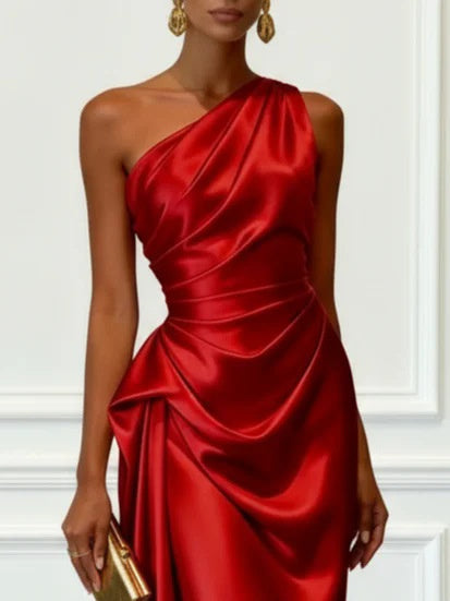 Off-the-shoulder Satin Pleated Maxi Dress