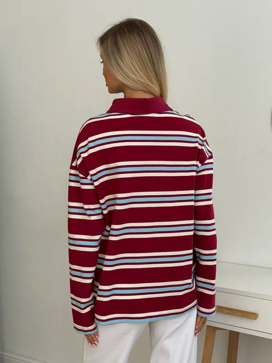 Long-sleeved Striped T-shirt, Polo Collar, Loose-fitting T-shirt