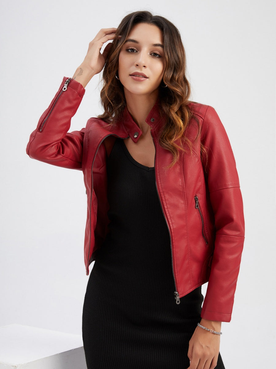 Veste en cuir à col montant et fermeture éclair, style urbain décontracté