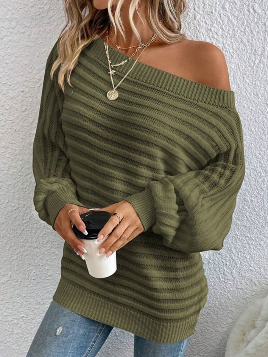 Solid Color 3D Striped Off-shoulder Batwing Sleeve Pullover Knit Sweater