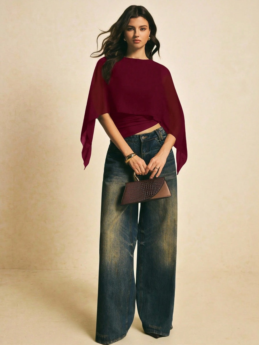 Cape-sleeve T-shirt, Round Neck, Loose Chiffon Cover-up, Elegant Irregular Top/T-shirt