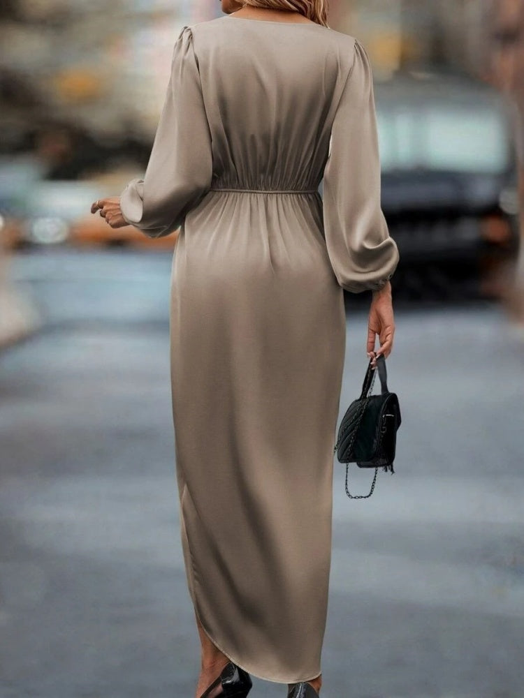 Slit Balloon Sleeve Irregular Long Sleeve Satin Long Skirt