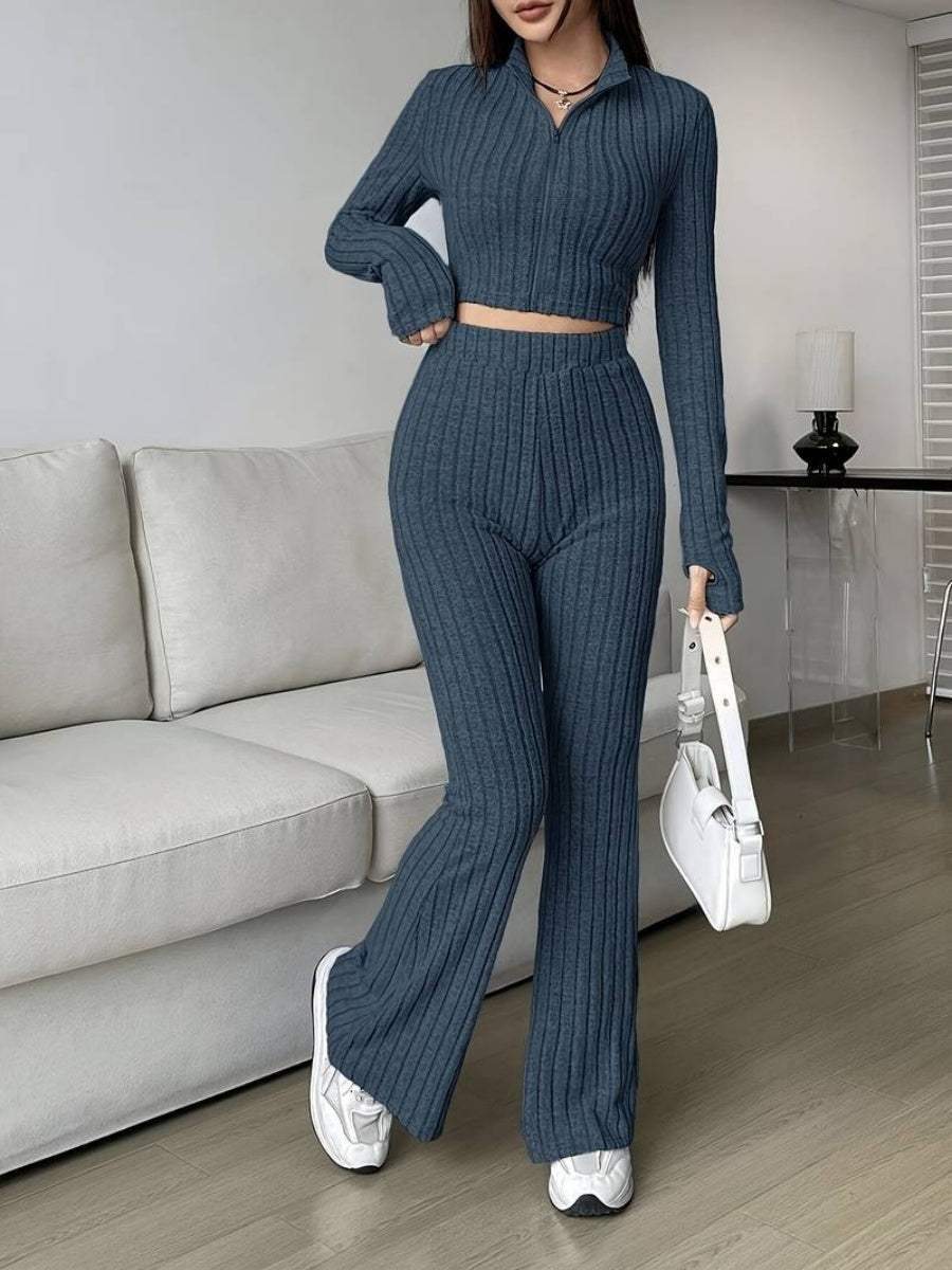 Leisure Long Sleeve Zipper Solid Color 2-piece Sets