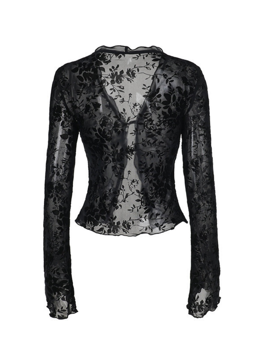 Deep V-neck Chiffon Burning Flowers Long Sleeve Designer Shirt