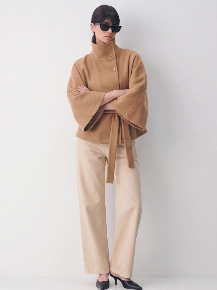 Stand Collar Large Sleeves Buttons Straps Solid Color Coats