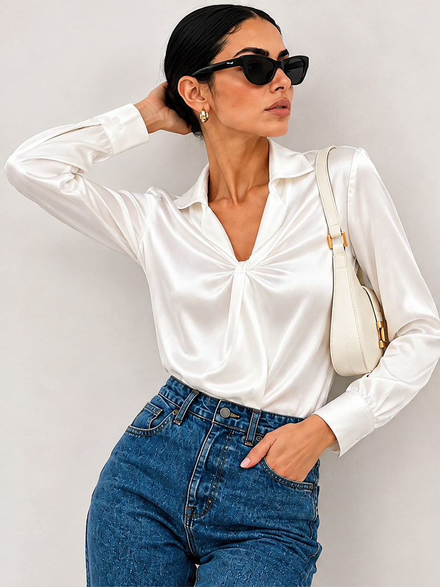 Solid Color Satin Pleated Long Sleeve Blouse&Shirts