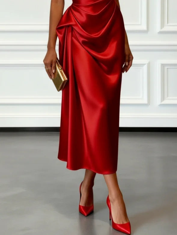 Off-the-shoulder Satin Pleated Maxi Dress