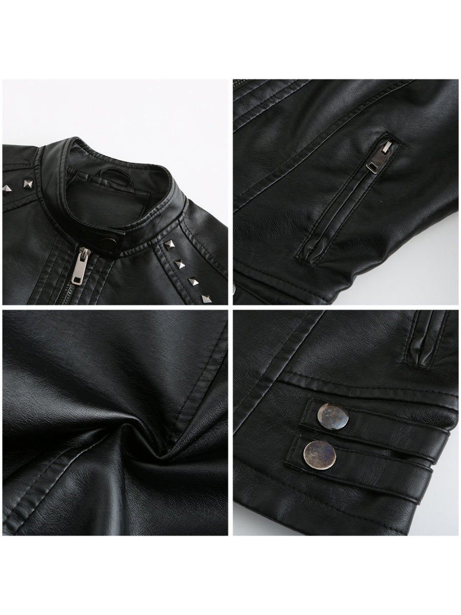 Studs Long Sleeve Stand Collar PU Leather Jackets