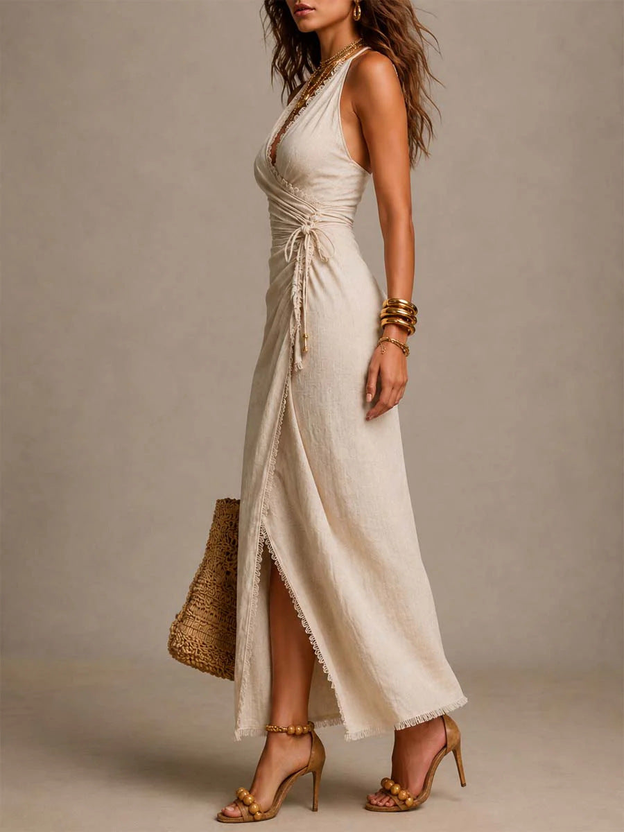Deep V Halter Neck Crossover Bohemian Resort Style Long Dress
