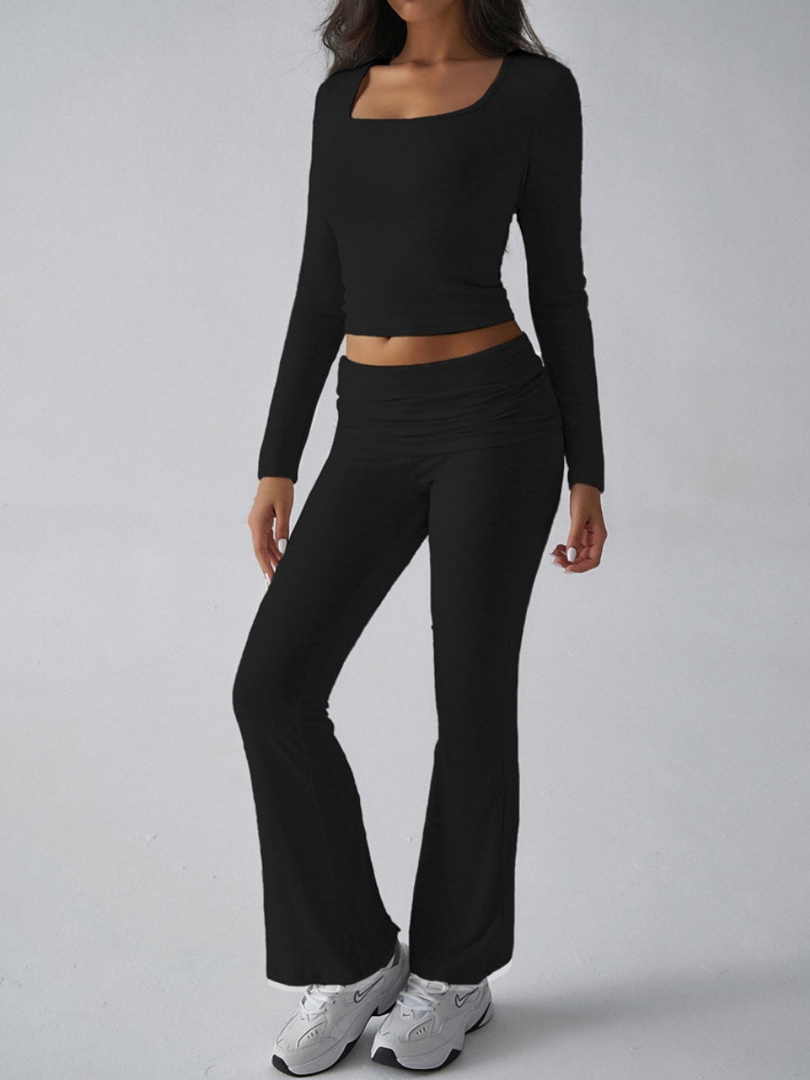 Leisure Navel Solid Color Long-sleeved Two-piece Suit