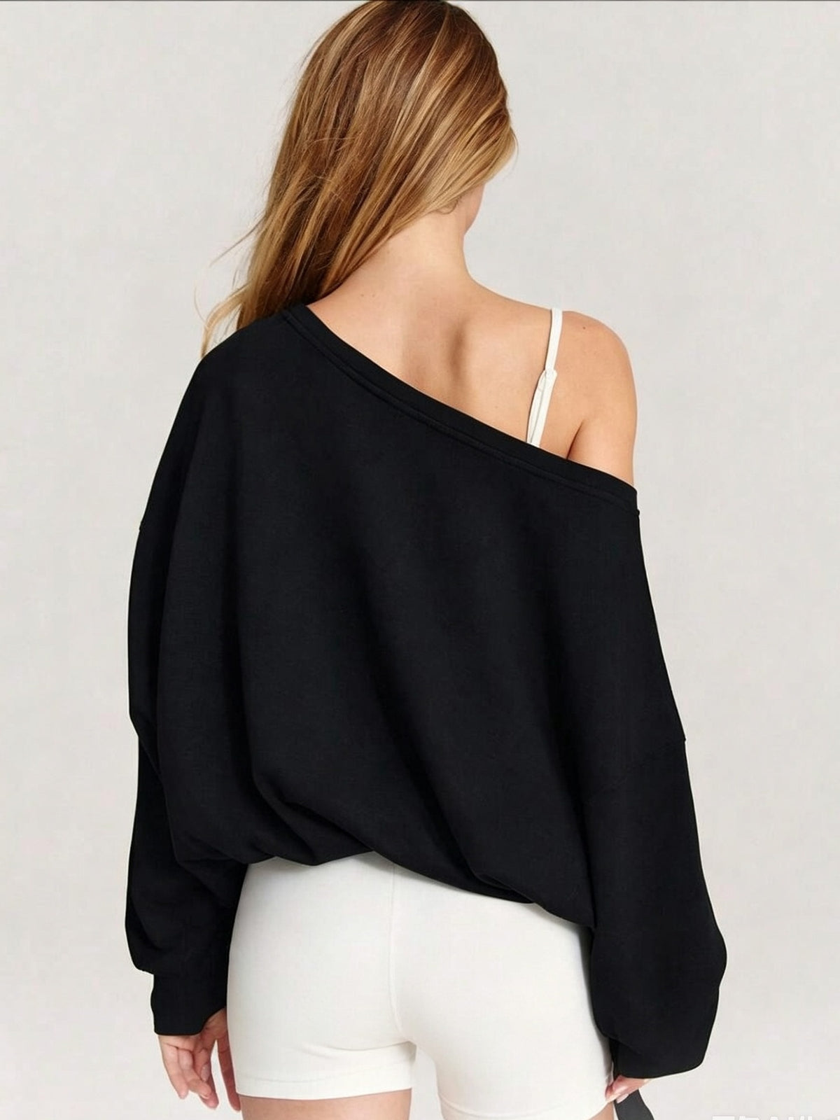 Women's Autumn/Winter Solid Color Off-Shoulder Long Sleeve Drawstring Hem Sweatshirt