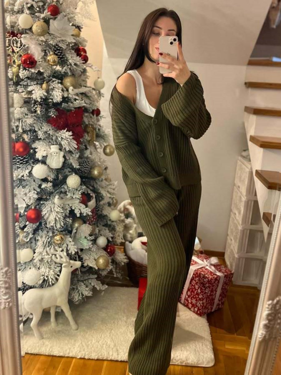 Leisure Solid Color Long Sleeve Buttons Sweaters Cardigans Pants Two-piece Suit