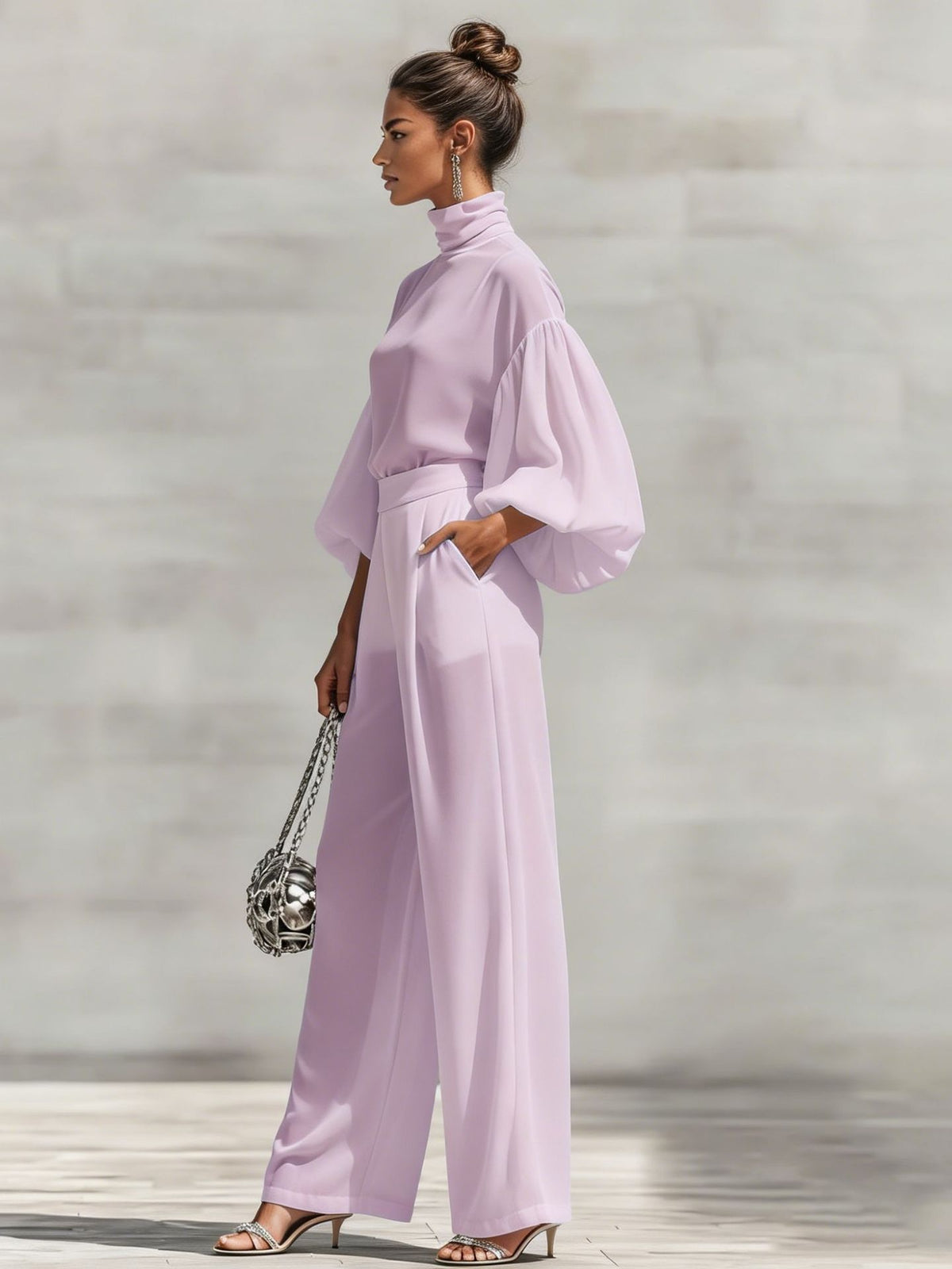 Chiffon Stand-up Collar Puff Sleeve High-waisted Draped Wide-leg Pants Two-piece Set