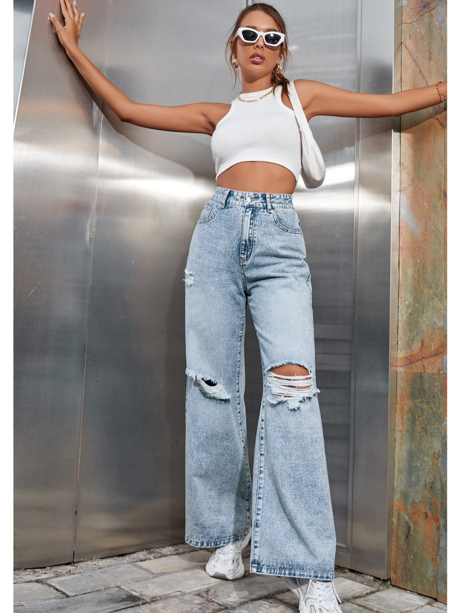 Hole High Waist Wide Leg Leisure Jeans