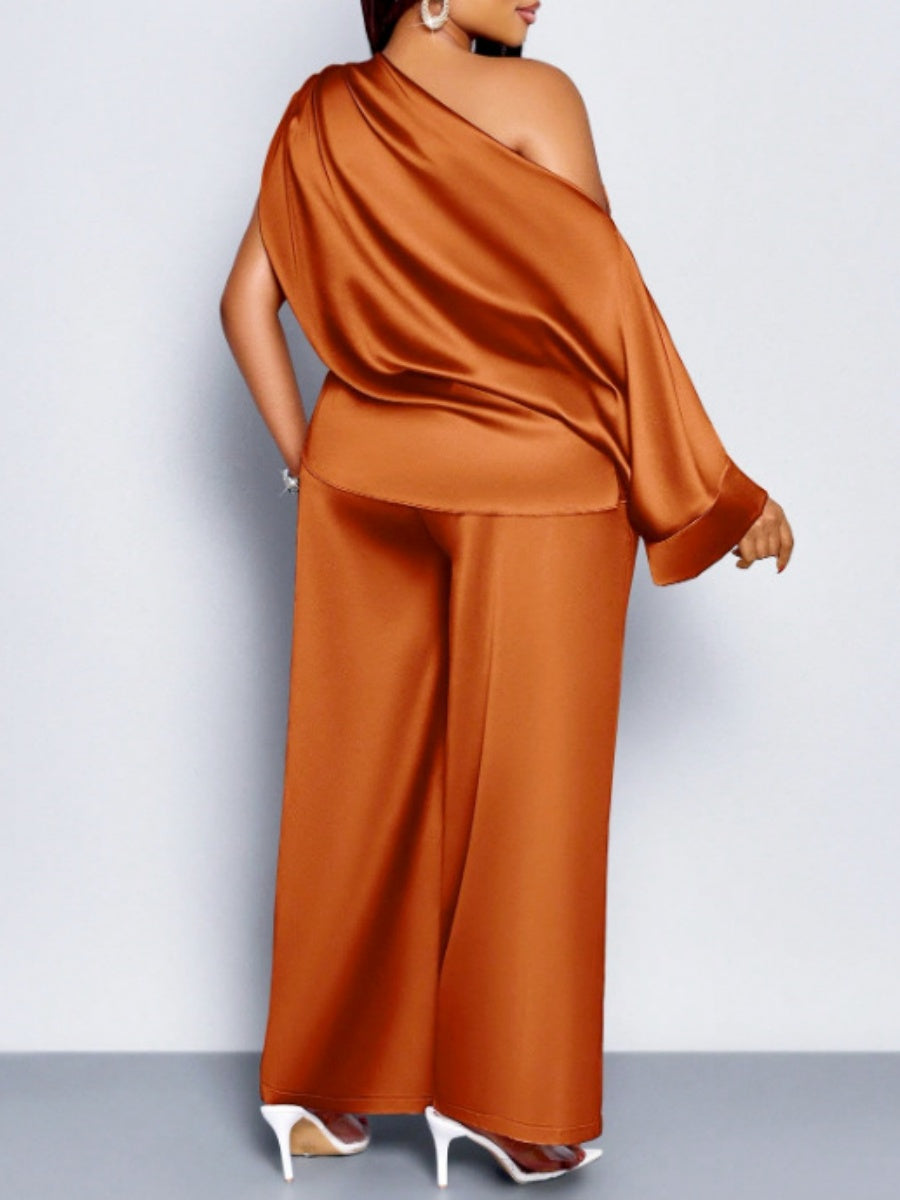 Satin Sloping Shoulders Short Sleeve TOP Wide-leg Pants 2-piece Sets