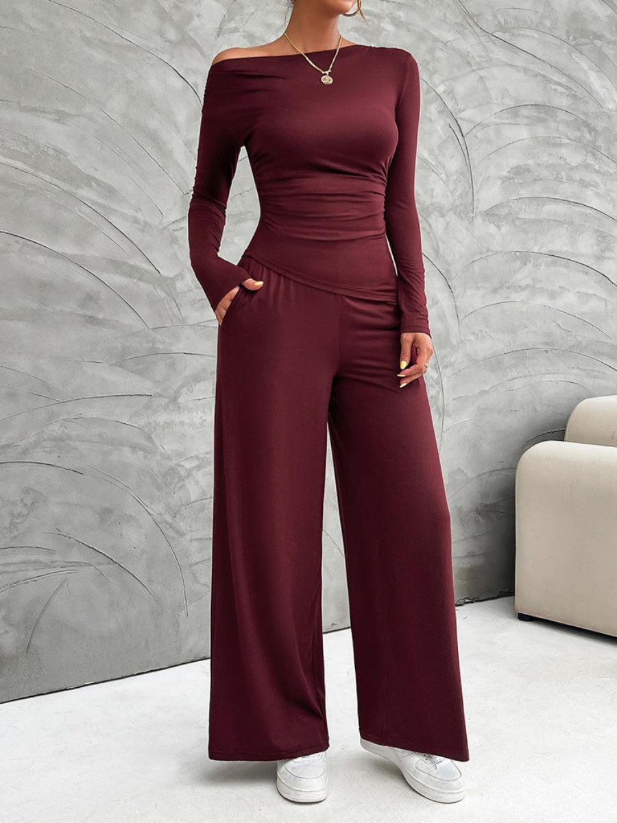 Leisure Pleated Solid Color Long Sleeve 2-piece Sets
