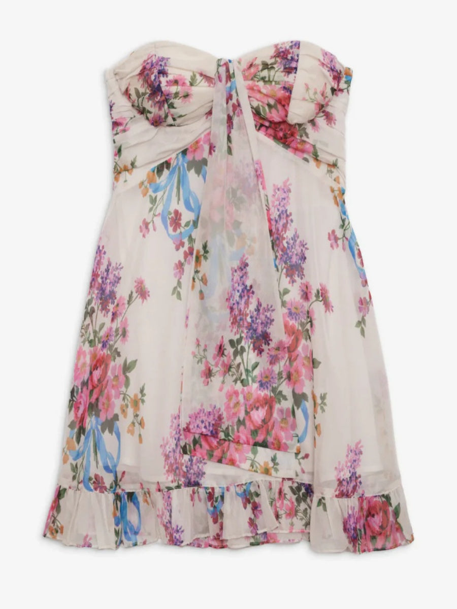 Backless Semi-transparent Floral Strapless A-line Mini Dress