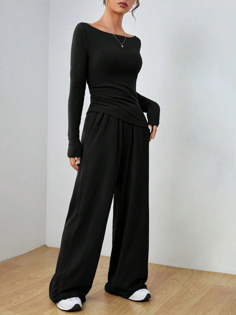 Pocket Solid Color Large Round Neck Long Sleeve Pants 2-piece Sets
