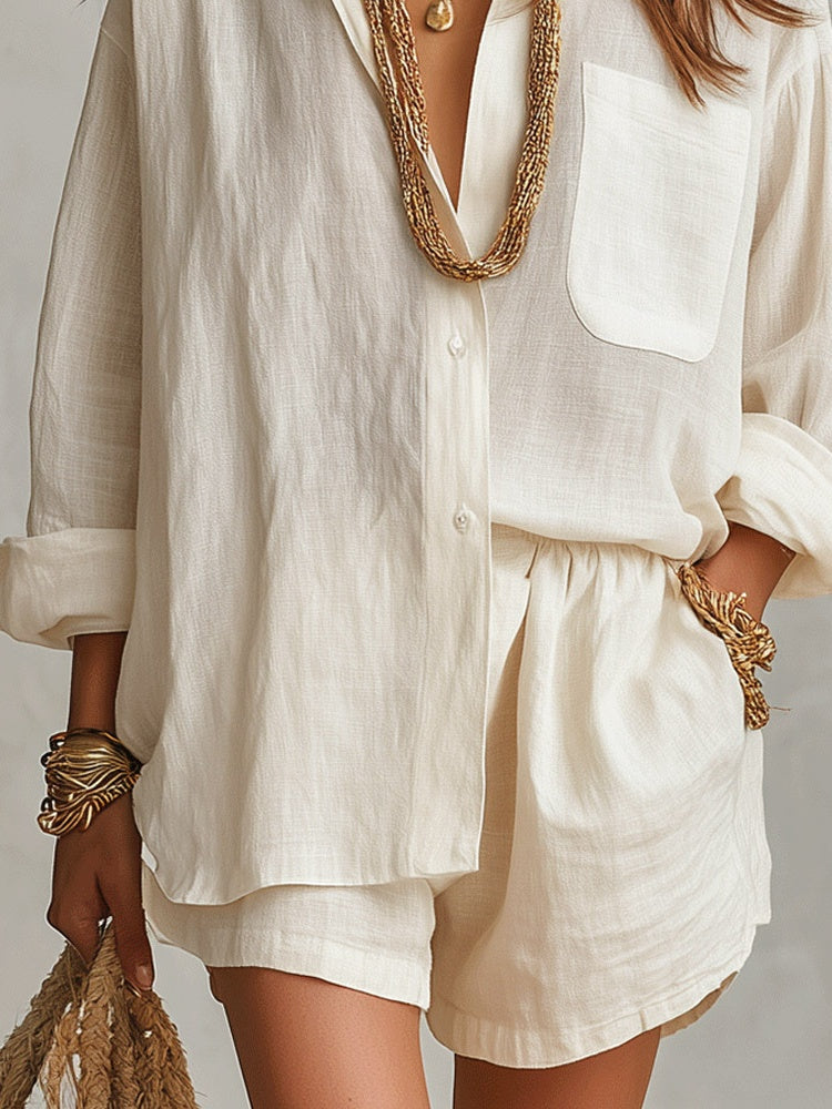 Lazy Style Shirt And Solid Color Shorts Two-piece Set