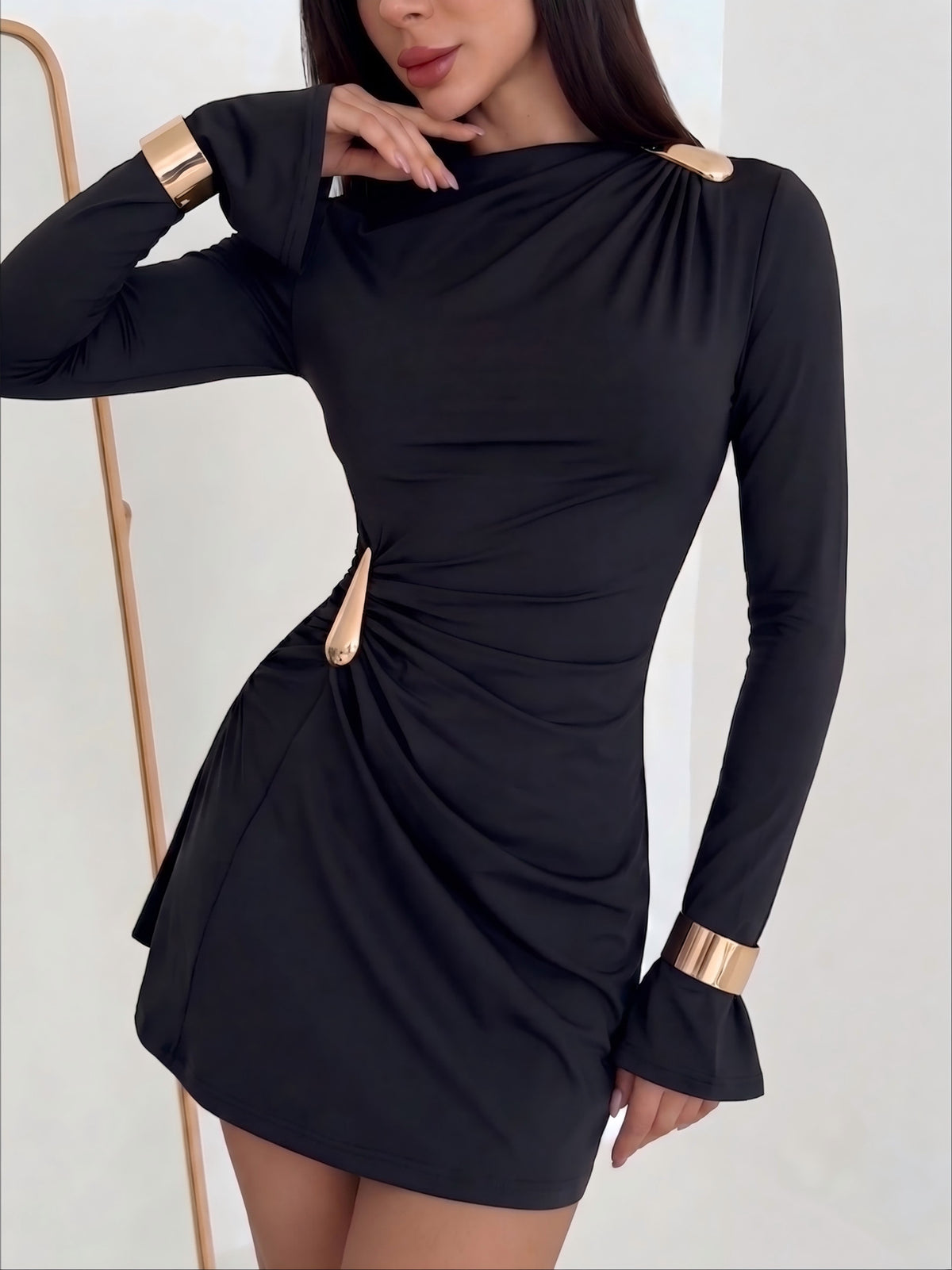 Slim-fit Long-sleeved Ruched Solid Color Short Dress With Metallic Embellishments