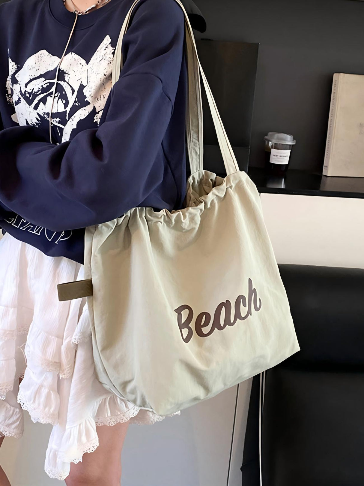 Letter Print Large Capacity Lightweight Drawstring Shoulder Bag