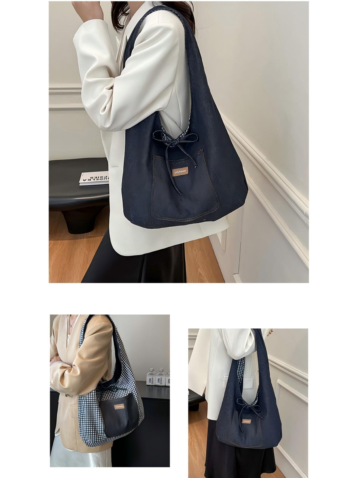 Denim Plaid Reversible Versatile Commuter Shoulder Bag