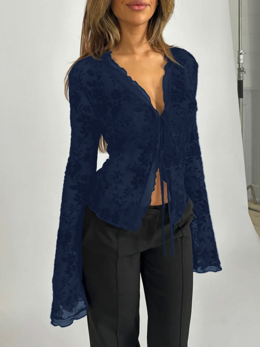 Deep V-neck Chiffon Burning Flowers Long Sleeve Designer Shirt