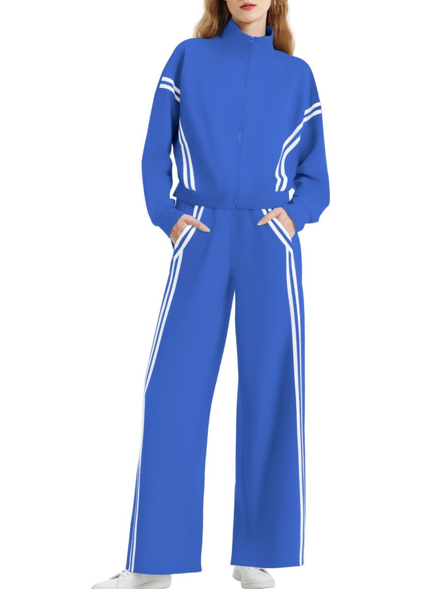 Sports Casual Suit Zipper Contrasting Colors Sweatshirts Wide-leg Pants 2-piece Sets