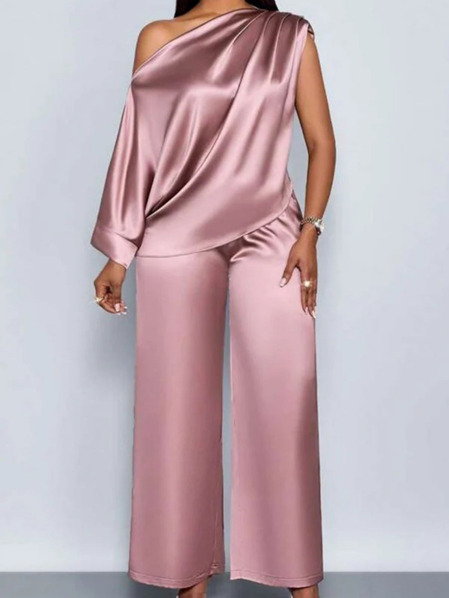 Satin Sloping Shoulders Short Sleeve TOP Wide-leg Pants 2-piece Sets